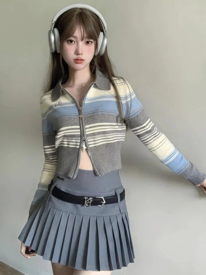 Striped Zipper Knit Cropped Jumper