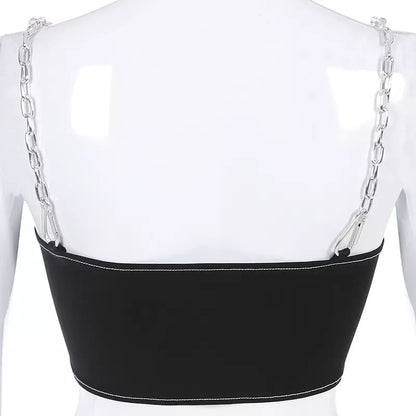 Sexy Black Goth Punk Letter Print Metal Chain Camisole Tank Crop Top Shirt Summer E-Girl Kawaii Korean Japanese Harajuku Retro Streetwear