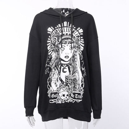 Cute Black Witch Anime Girl Cartoon Print Hoodie Sweater Sweatshirt Pullover Shirt Goth Punk E-Girl Kawaii Korean Japanese Harajuku Streetwear