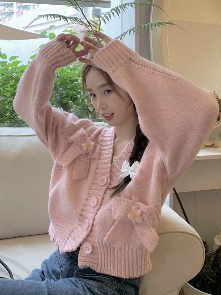 White Bow Knit Cardigan Sweater