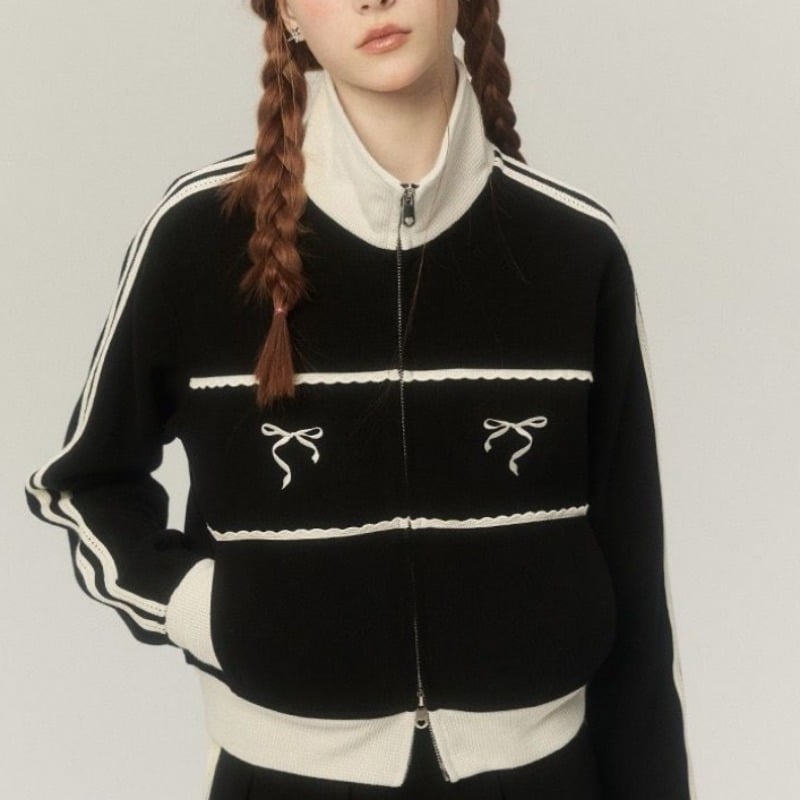 Grey Bow Embroidery Zipper Jacket