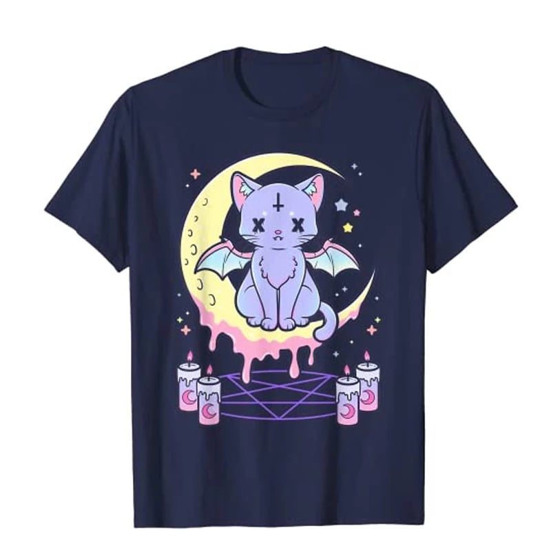Cute Pastel Black Cat Witch Magic Moon Print Short Sleeve T-shirt Goth Punk Aesthetic Casual E-Girl Kawaii Korean Japanese Harajuku