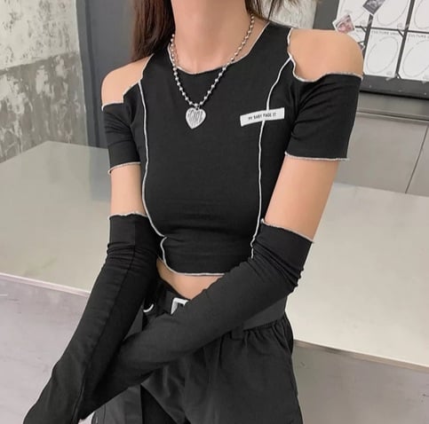 Cute Black Patchwork Cut Shoulder Crop Top Short Sleeve Shirt Punk Goth Summer Aesthetic Casual E-Girl Kawaii Korean Japanese Harajuku