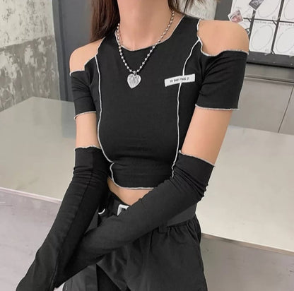 Cute Black Patchwork Cut Shoulder Crop Top Short Sleeve Shirt Punk Goth Summer Aesthetic Casual E-Girl Kawaii Korean Japanese Harajuku