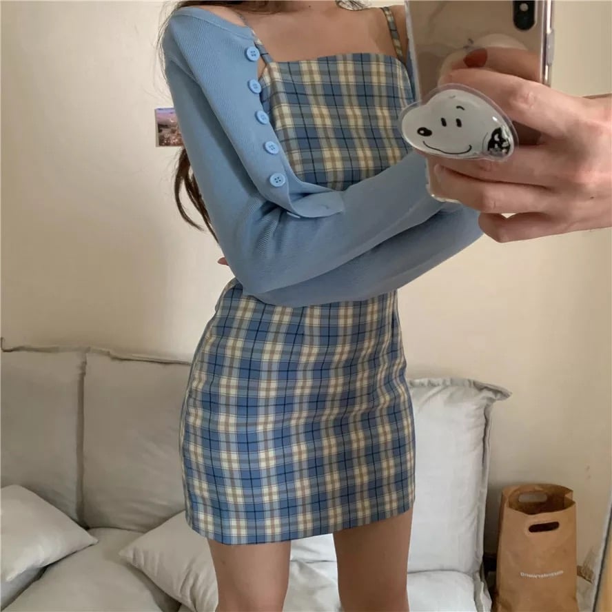 Cute Plaid Checkered Print Spaghetti Strap A-Line Mini Dress Kawaii Korean Japanese Harajuku Chinese Retro Streetwear Aesthetic Fashion