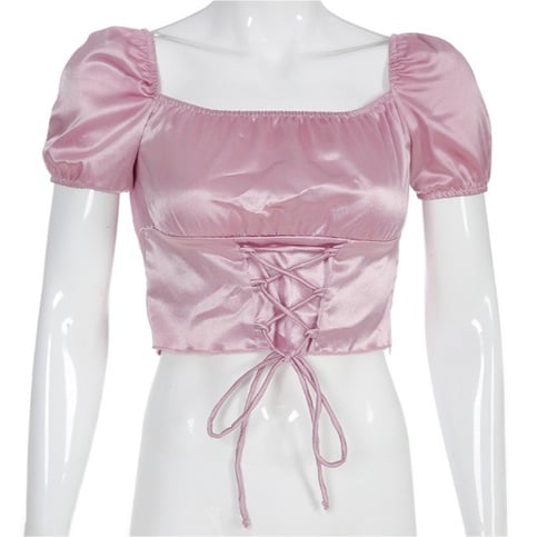 Cute Vintage Pink Silky Satin Short Sleeve Shirt Crop Top Lace Up Elegant Aesthetic Casual Summer E-Girl Kawaii Korean Japanese Harajuku