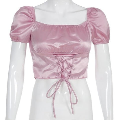 Cute Vintage Pink Silky Satin Short Sleeve Shirt Crop Top Lace Up Elegant Aesthetic Casual Summer E-Girl Kawaii Korean Japanese Harajuku