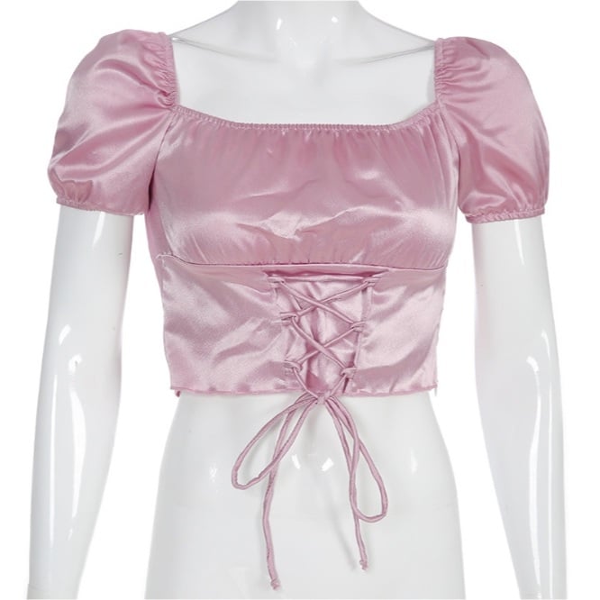 Cute Vintage Pink Silky Satin Short Sleeve Shirt Crop Top Lace Up Elegant Aesthetic Casual Summer E-Girl Kawaii Korean Japanese Harajuku