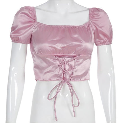 Cute Vintage Pink Silky Satin Short Sleeve Shirt Crop Top Lace Up Elegant Aesthetic Casual Summer E-Girl Kawaii Korean Japanese Harajuku