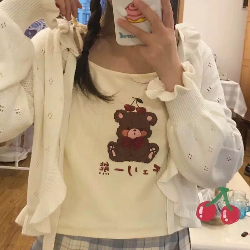 Cute Brown Bear Cherry Graphic Cartoon Print Camisole Spaghetti Strap Shirt Aesthetic Casual Summer E-Girl Kawaii Korean Japanese Harajuku