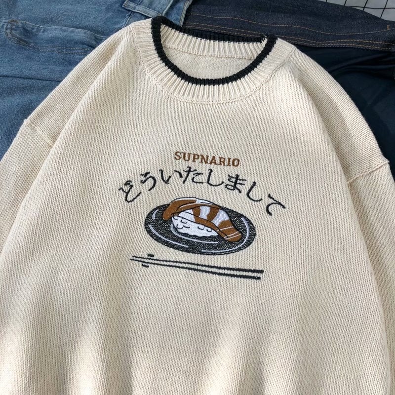 Cute Sushi Fish Knit Soft Long Sleeve Hoodie Oversized Loose Sweater Sweatshirt Pullover Jumper E-Girl Kawaii Korean Japanese Harajuku Streetwear