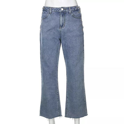 Chain High Waist Straight Denim Jeans Legs Light Blue Pants Summer Aesthetic Casual E-Girl Kawaii Korean Japanese Harajuku