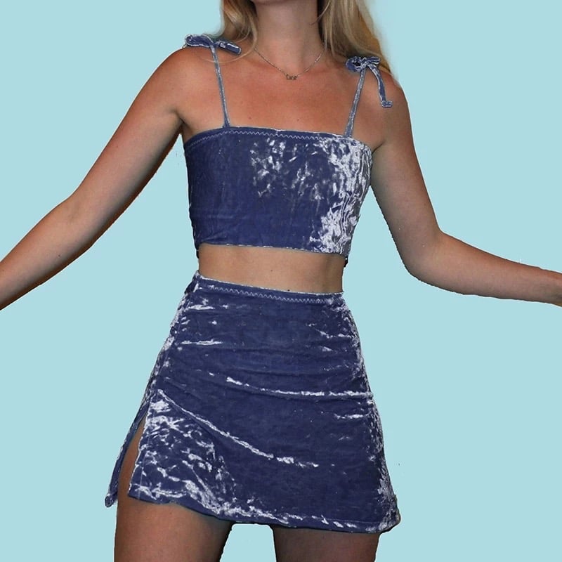2pcs Set Velvet Crop Top Summer Tube Top Neon Split Mini Skirt Club Party Dress E-Girl Kawaii Korean Japanese Harajuku Retro Streetwear Aesthetic