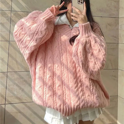 Pink Preppy Cable Knit V Neck Sweater
