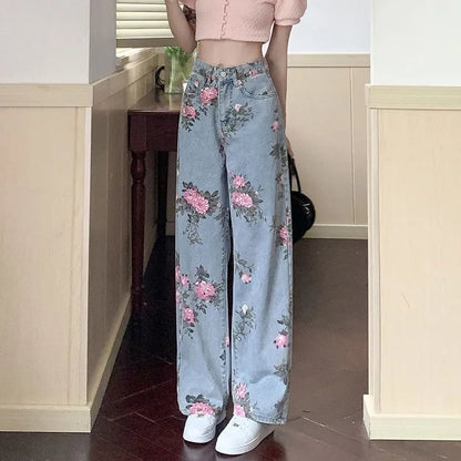 Flower Print Blue Denim Jeans