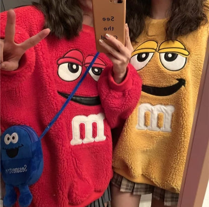 Cute Chocolate M Funny Cartoon Plush Oversize Long Sleeve Shirt Hoodie Pullover Sweatshirt Aesthetic Casual E-Girl Kawaii Korean Japanese Harajuku