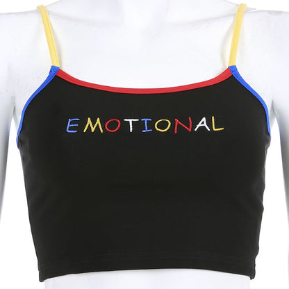 Cute Black Emotional Embroidery Crop Top Camisole Spaghetti Tank Shirt Tee T-shirt E-Girl Kawaii Korean Japanese Harajuku Retro Streetwear Aesthetic