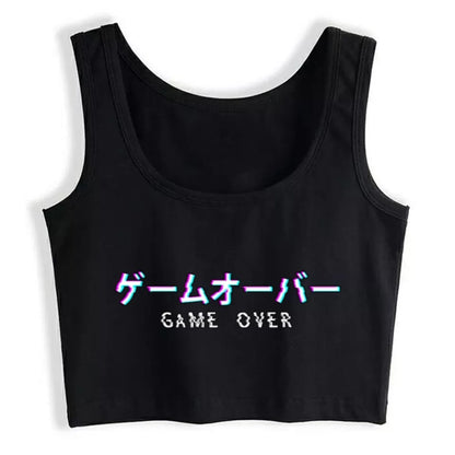 Cute Black Kanji Game Over Vaporwave Crop Top Tank Sleeveless Shirt Aesthetic Casual E-Girl Kawaii Korean Japanese Harajuku