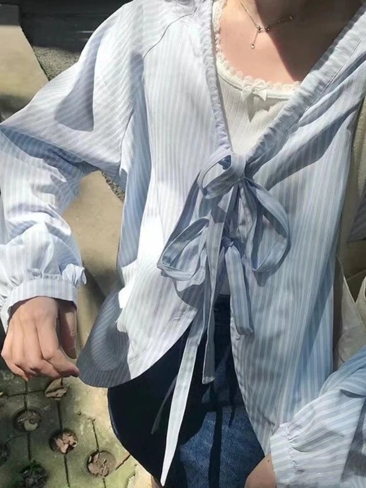 Blue Striped Bandage Long Sleeve Blouse