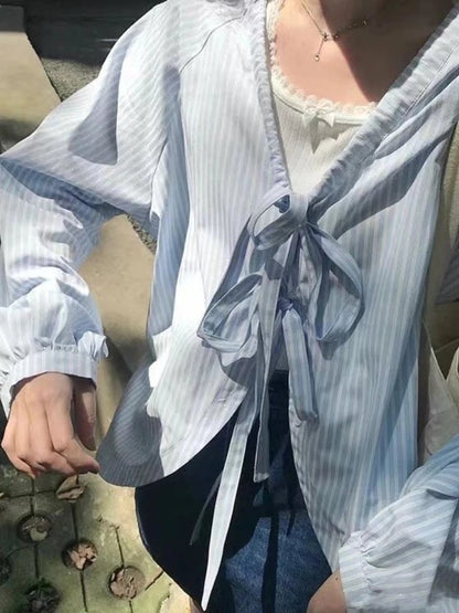 Blue Striped Bandage Long Sleeve Blouse