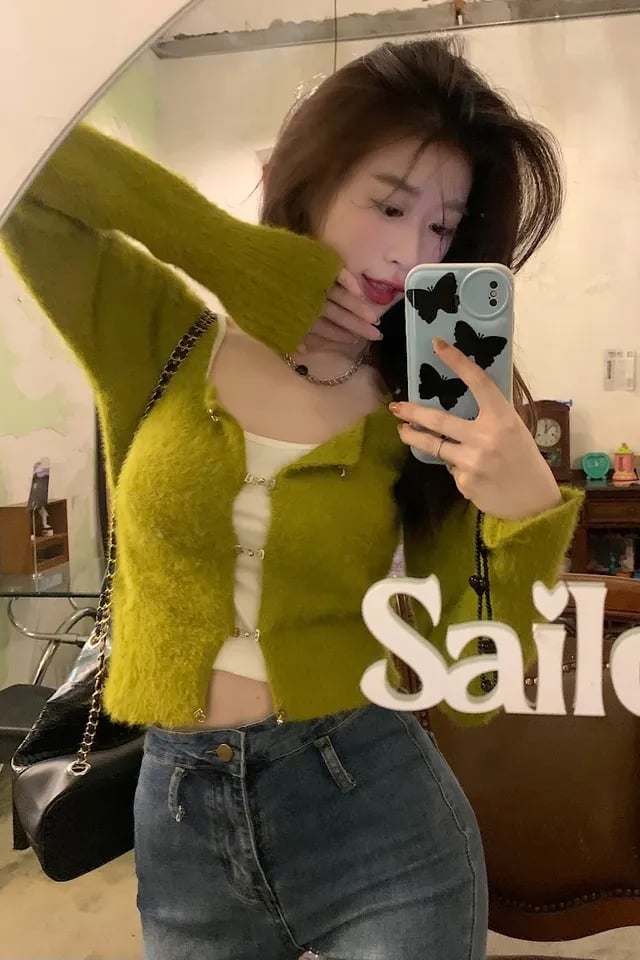 Fluffy Green Buckle Cropped Sweater
