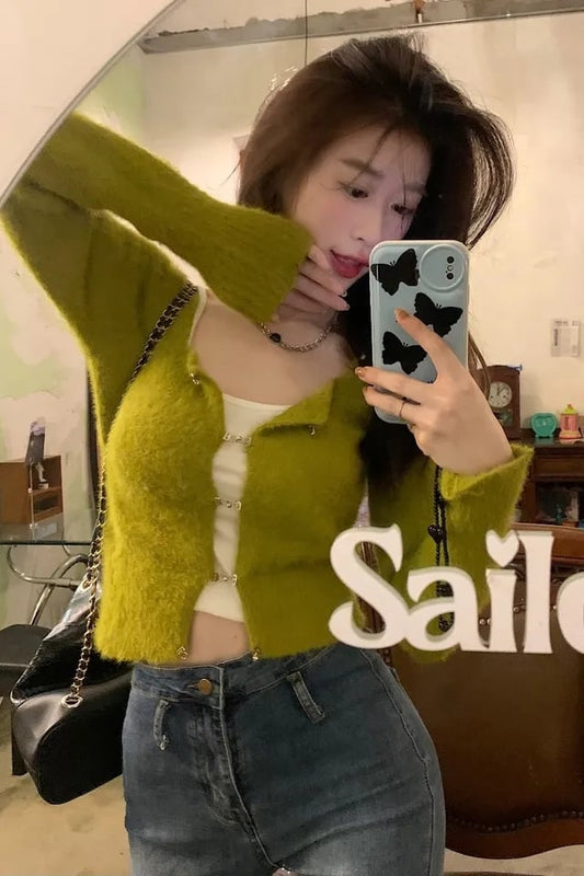 Fluffy Green Buckle Cropped Sweater