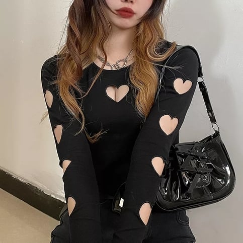 Black Heart Hollow Out Long Sleeve Shirt