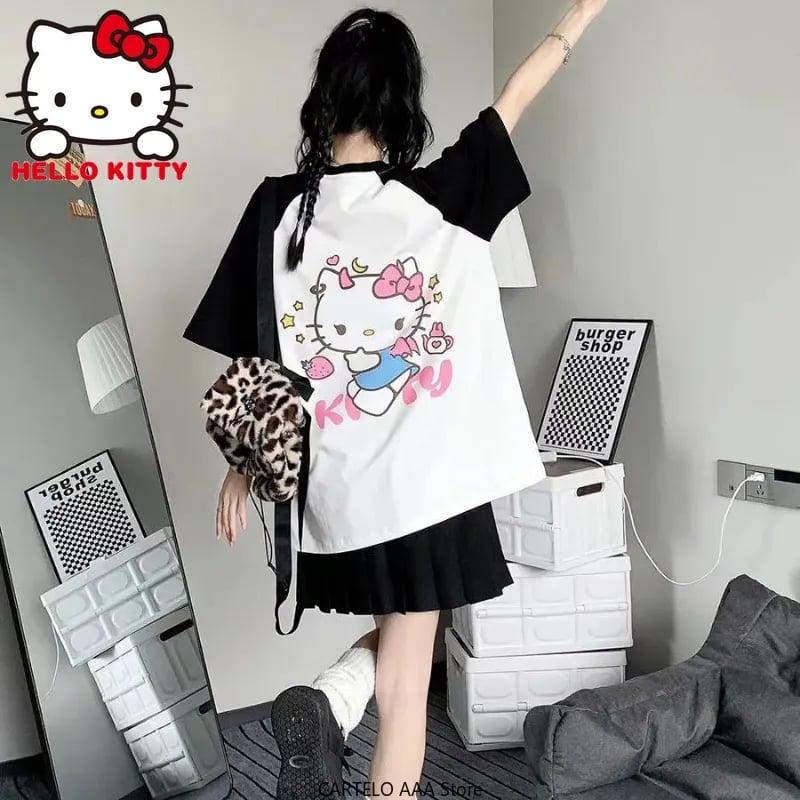 Japanese Cat Print Patchwork Short Sleeve T-shirt