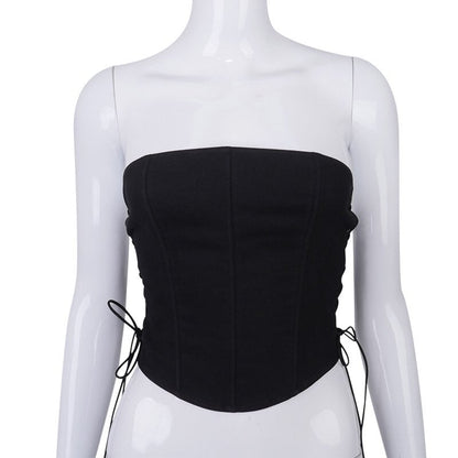 Sexy Black Corset Lace Tie Up Bustier Crop Top Sleeveless Strapless Vest Party Club Aesthetic Goth E-Girl Kawaii Korean Japanese Harajuku Streetwear