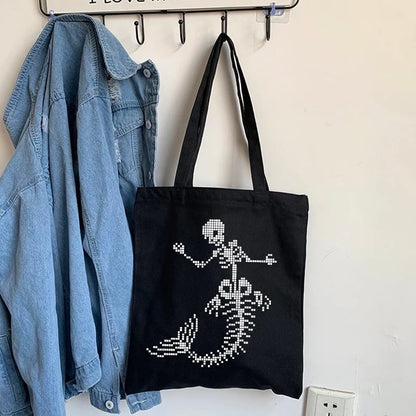 Cute Skeleton Skull Butterfly Wing Print Shoulder Bag Canvas Eco Tote Aesthetic Casual Summer E-Girl Kawaii Korean Japanese Harajuku