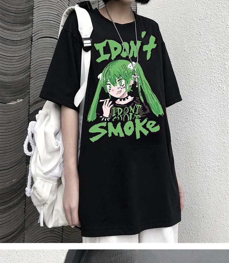 Anime Girl Smoke Cartoon Print Loose Oversized Short Sleeve T-shirt Top Summer Causal Goth Punk E-Girl Kawaii Korean Japanese Harajuku Streetwear
