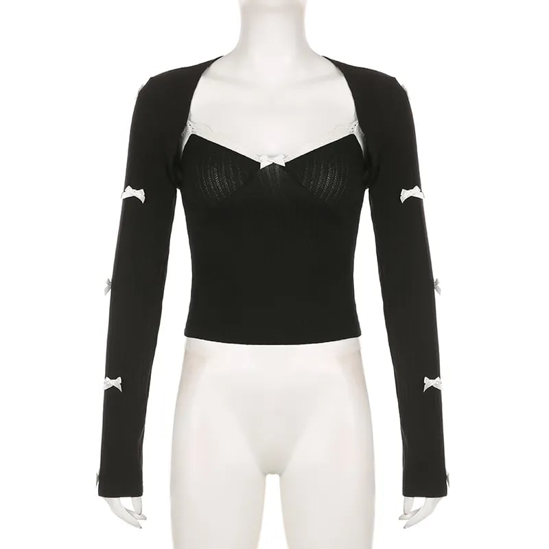 2PCS Patchwork Bow Lace Camisole + Knit Cardigan