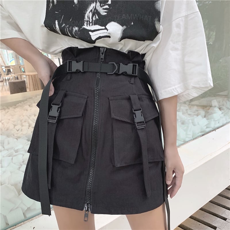 Cute Goth Punk High Waist Belt Skirt E-Girl Kawaii Korean Japanese Harajuku Chinese Retro Streetwear Aesthetic