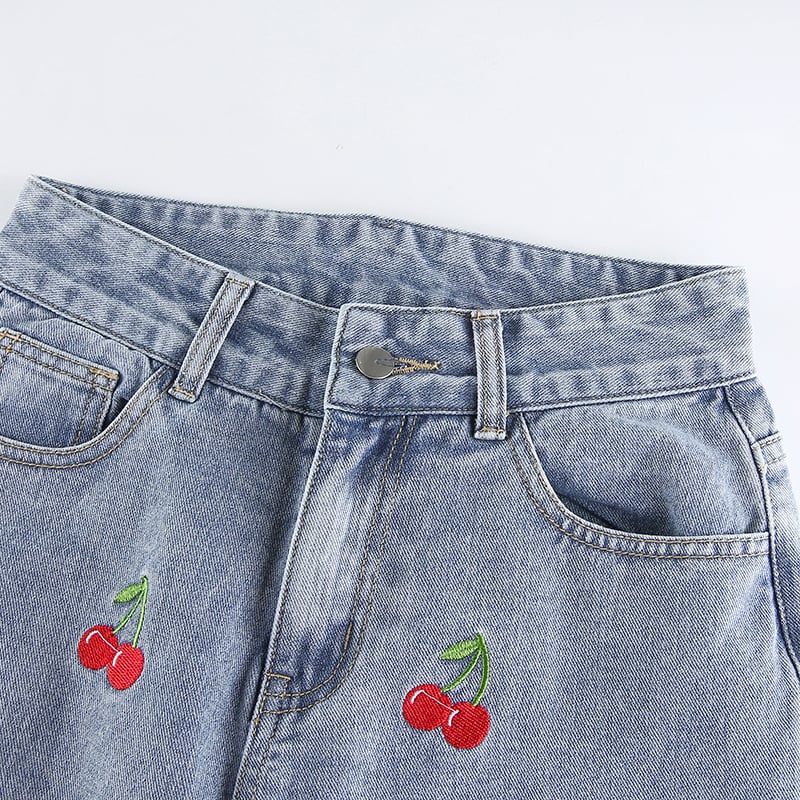 Cute Sweet Vintage Cherry Embroidery Light Washed Blue Denim Jeans High Waisted Cargo Slim Bottom E-Girl Kawaii Korean Japanese Harajuku Streetwear
