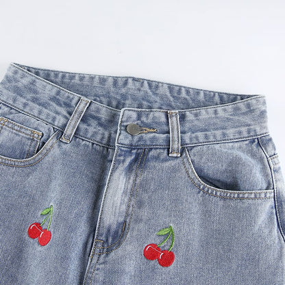 Cute Sweet Vintage Cherry Embroidery Light Washed Blue Denim Jeans High Waisted Cargo Slim Bottom E-Girl Kawaii Korean Japanese Harajuku Streetwear
