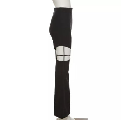 Cute Sexy Black High Waist Flare Trousers Cut Out Hollow Pants Summer Aesthetic Casual E-Girl Kawaii Korean Japanese Harajuku