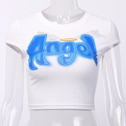 Sexy Angel Letter Graphic Print Casual Summer Short Sleeve Shirt T-shirt Tee Top E-Girl Kawaii Korean Japanese Harajuku Retro Streetwear Fashion