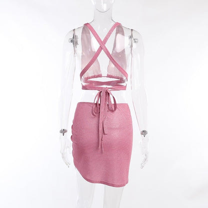 2PCS Pink Sequin Cut Out Tank Top + Mini Skirt