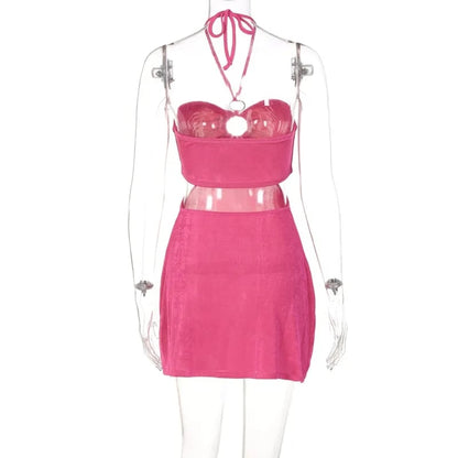 Pink Cut Out Halter Backless Dress