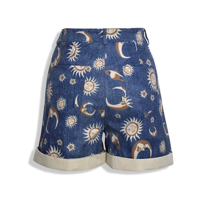 Cute Sun Moon Star Planet Pattern Loose Denim Shorts Bottom E-Girl Kawaii Korean Japanese Harajuku Chinese Retro Streetwear Aesthetic