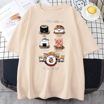 Cute Sushi Food Graphic Cartoon Print Loose Short Sleeve T-shirt Aesthetic Casual Summer E-Girl Kawaii Korean Japanese Harajuku