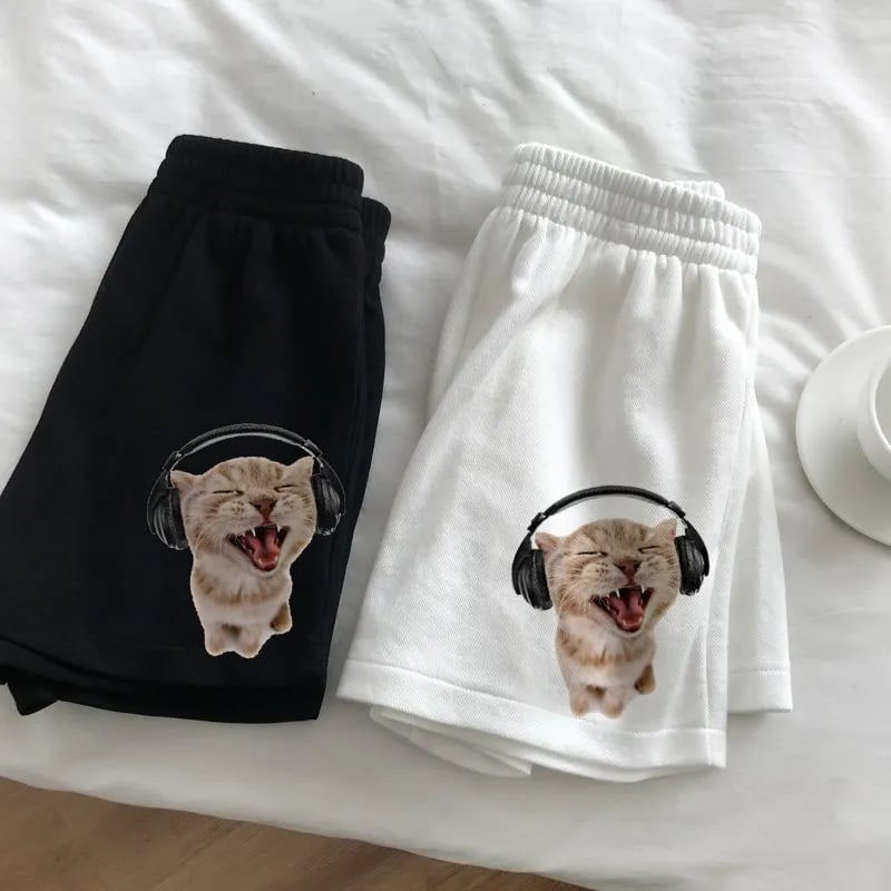 Cat Print Loose Gym Shorts