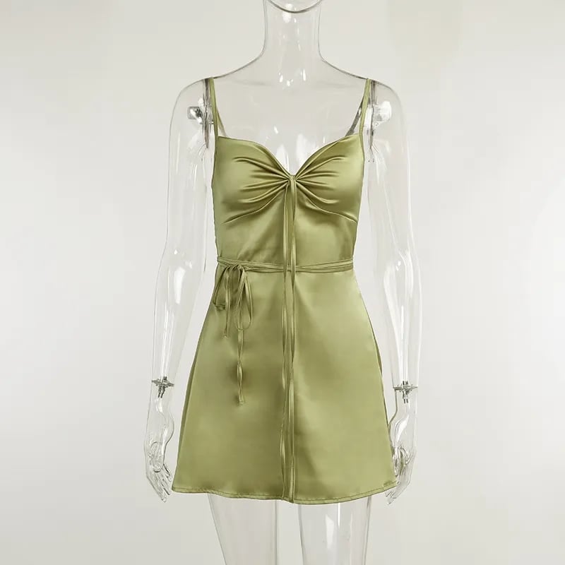 Green Satin Waist Tie Dress