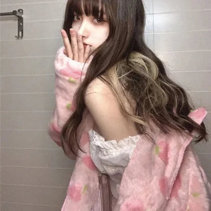 Cute Sweet Pink Peach Plush Oversized Thick Warm Jacket Zipper Hoodie Sweater Winter Autumn Aesthetic Casual E-Girl Kawaii Korean Japanese Harajuku