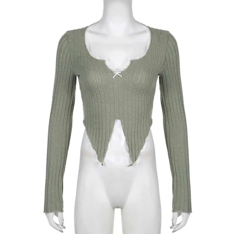 Green Lace Split Patchwork Long Sleeve T-shirt