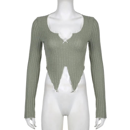 Green Lace Split Patchwork Long Sleeve T-shirt