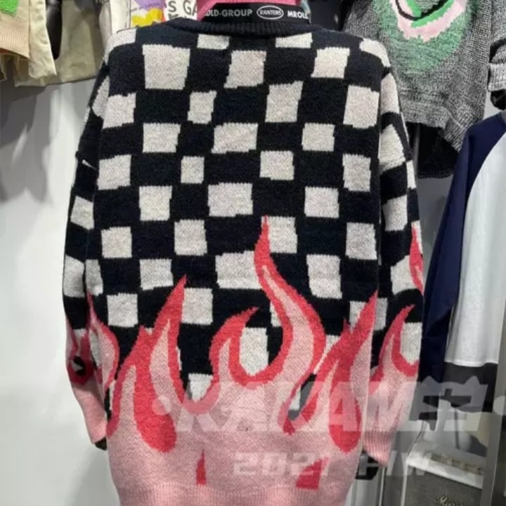 Cute Hot Pink Flames Fire Checkerboard Plaid Oversized Knit Sweater Pullover Aesthetic Casual E-Girl Kawaii Korean Japanese Harajuku