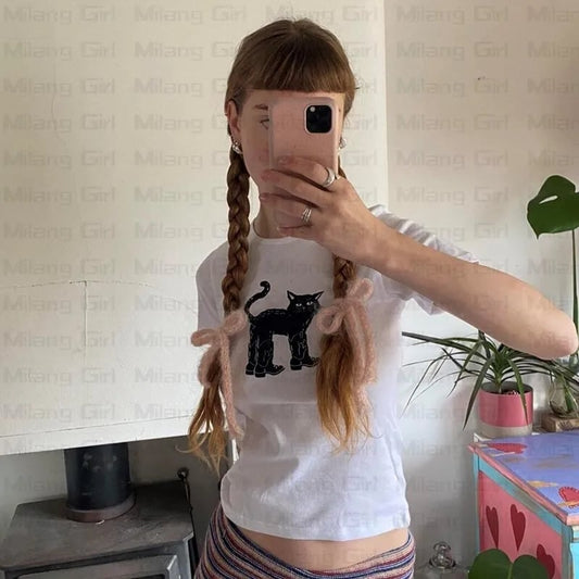 Cat Print Crew Neck Crop Top