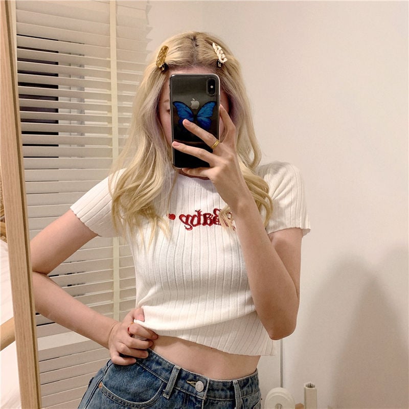 Pastel Pink Baby Embroidery Knit Short Sleeve Shirt Top T-shirt Summer Casual E-Girl Kawaii Korean Japanese Harajuku Streetwear