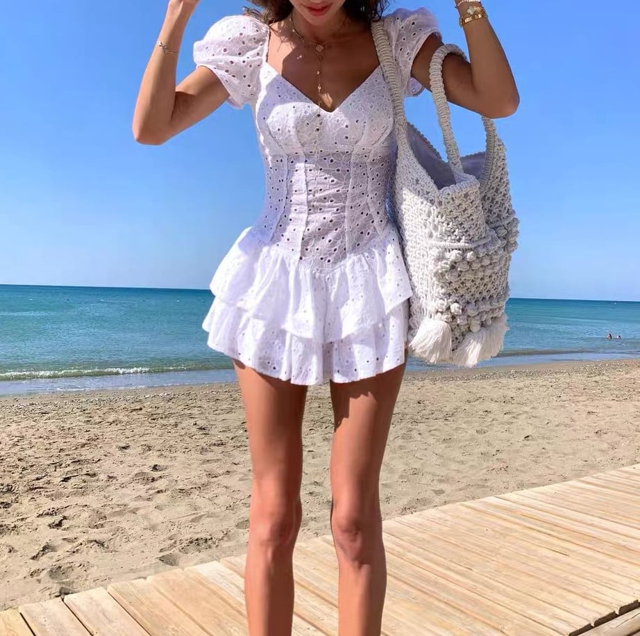 White Lace Short Sleeve Romper